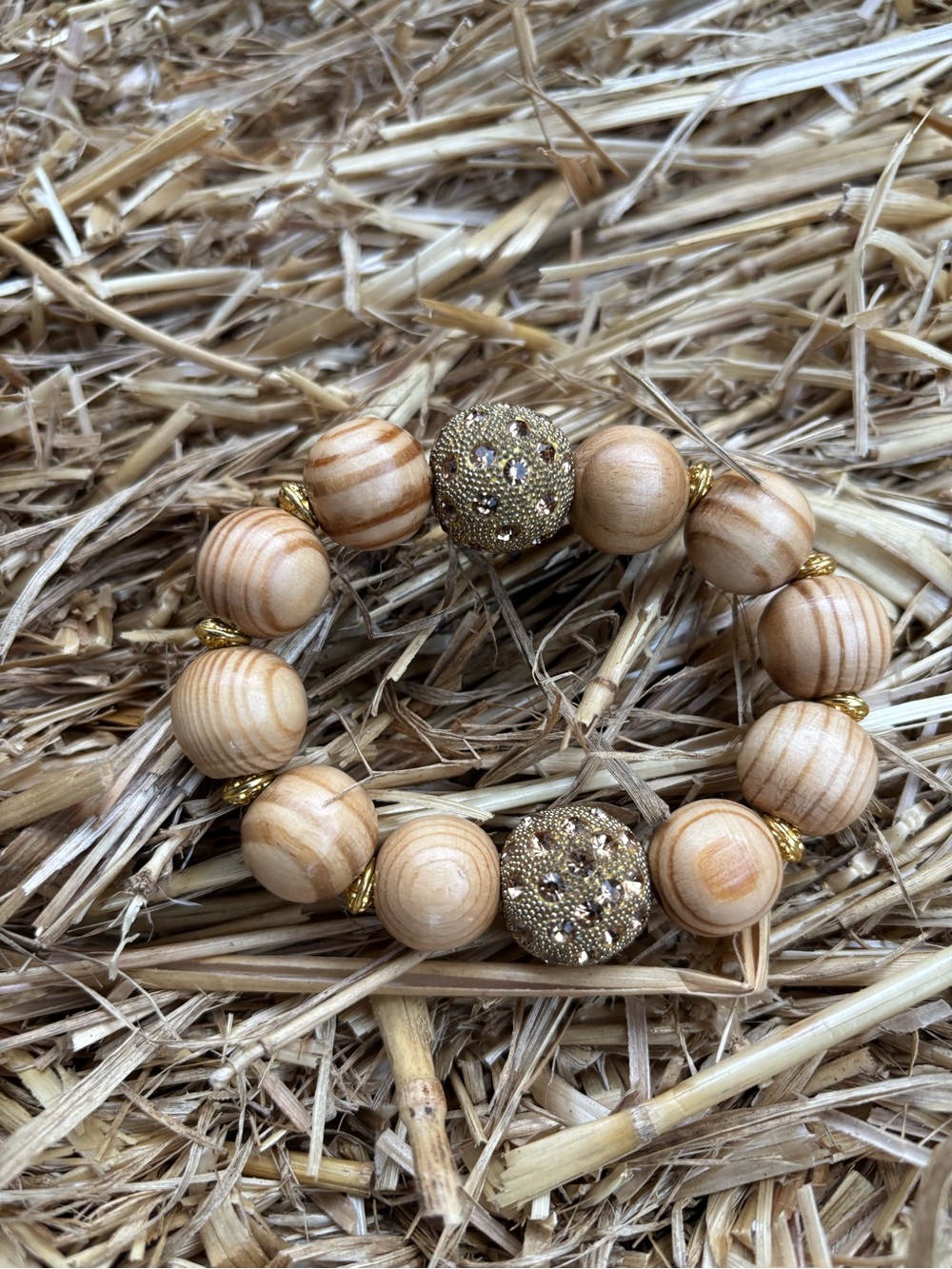 Gold-Accented Natural Wood Bead Stretch Bracelet - Beige